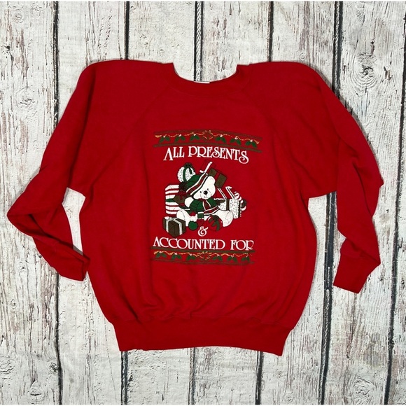 Vintage 80s Xmas All Presents Accounted For Christmas Sweater Sweatshirt - Picture 1 of 4